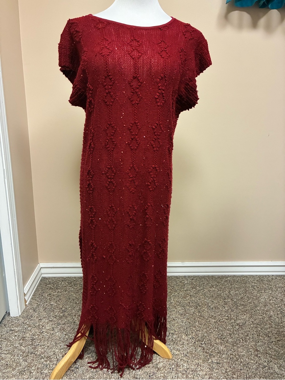 Pretty Angel Size Medium Dark Red Fringed Maxi Dress
